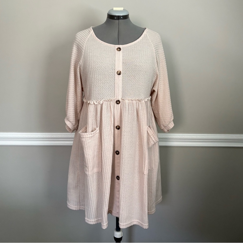 Umgee Blush Waffle Knit Babydoll Dress Medium Oversized Cottagecore Boho Pockets - Picture 3 of 6